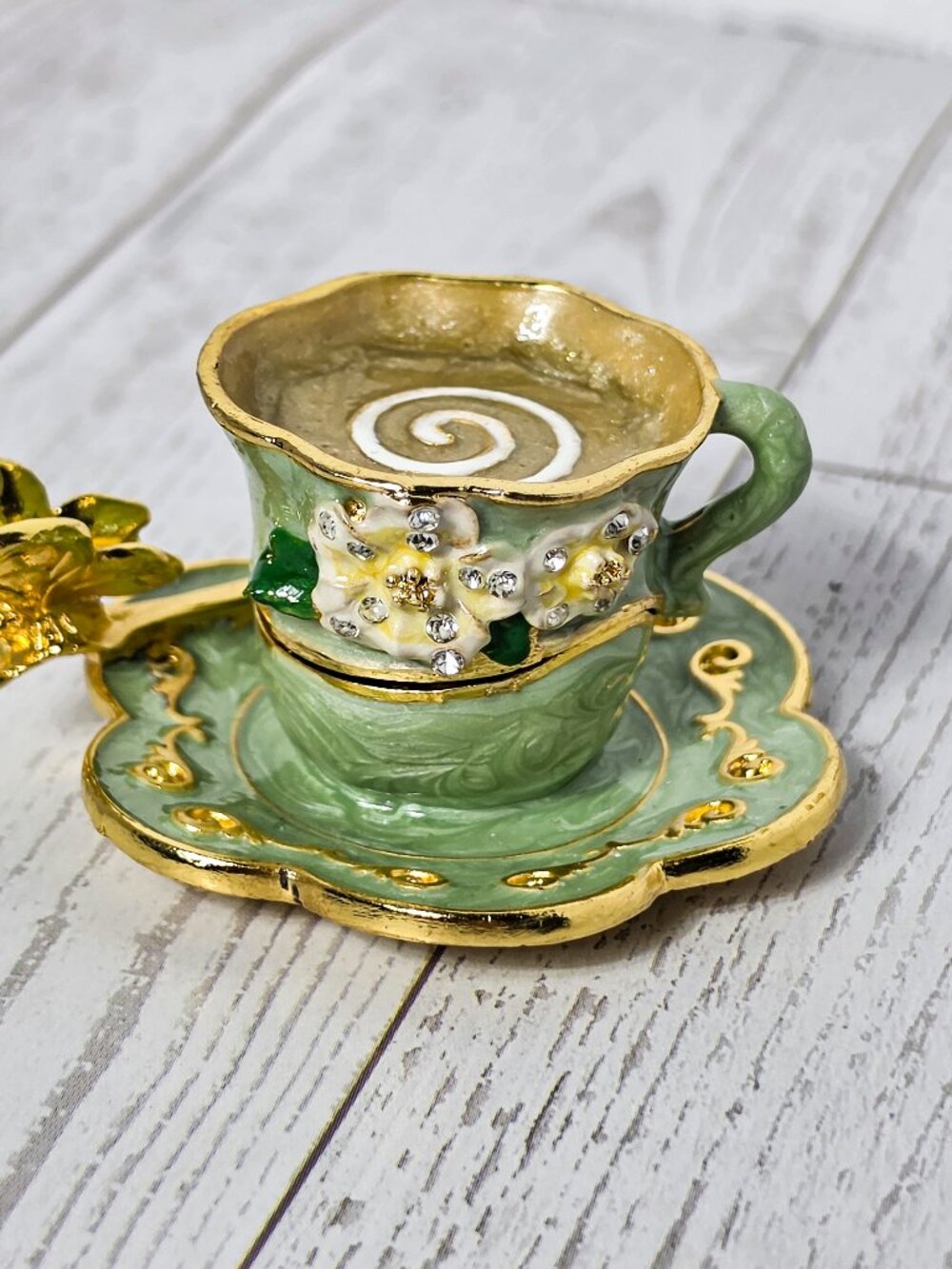 Ornate teacup Disney Fairytale hinged magnetic trinket box rhinestone butterfly